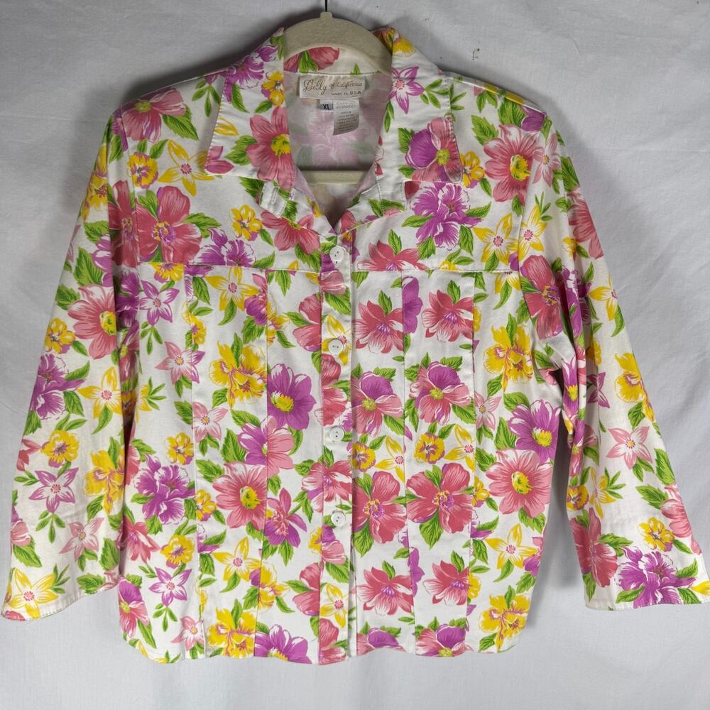 Vintage Lilly of California Button Front 'Shacket' XL Cotton Floral 3/4 Sleeve